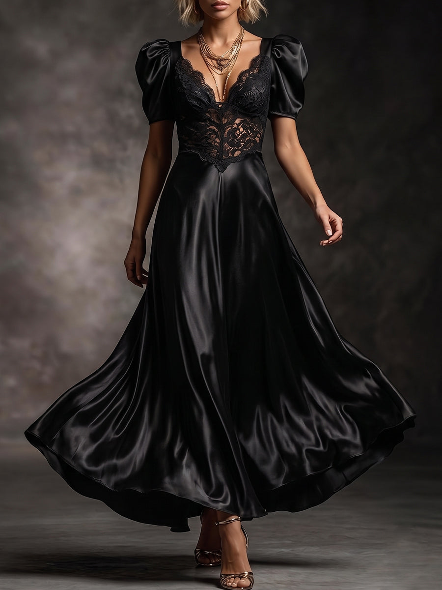 Black Lace Puff Sleeve Satin Gown