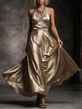 Champagne Gold Beaded Halter Satin Gown