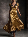 Gold Lace Trim Puff Sleeve Satin Gown