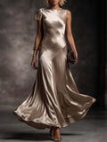 Champagne One-Shoulder Bow Seam Satin Gown