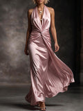 Blush Pink Halter Twist Front Satin Gown