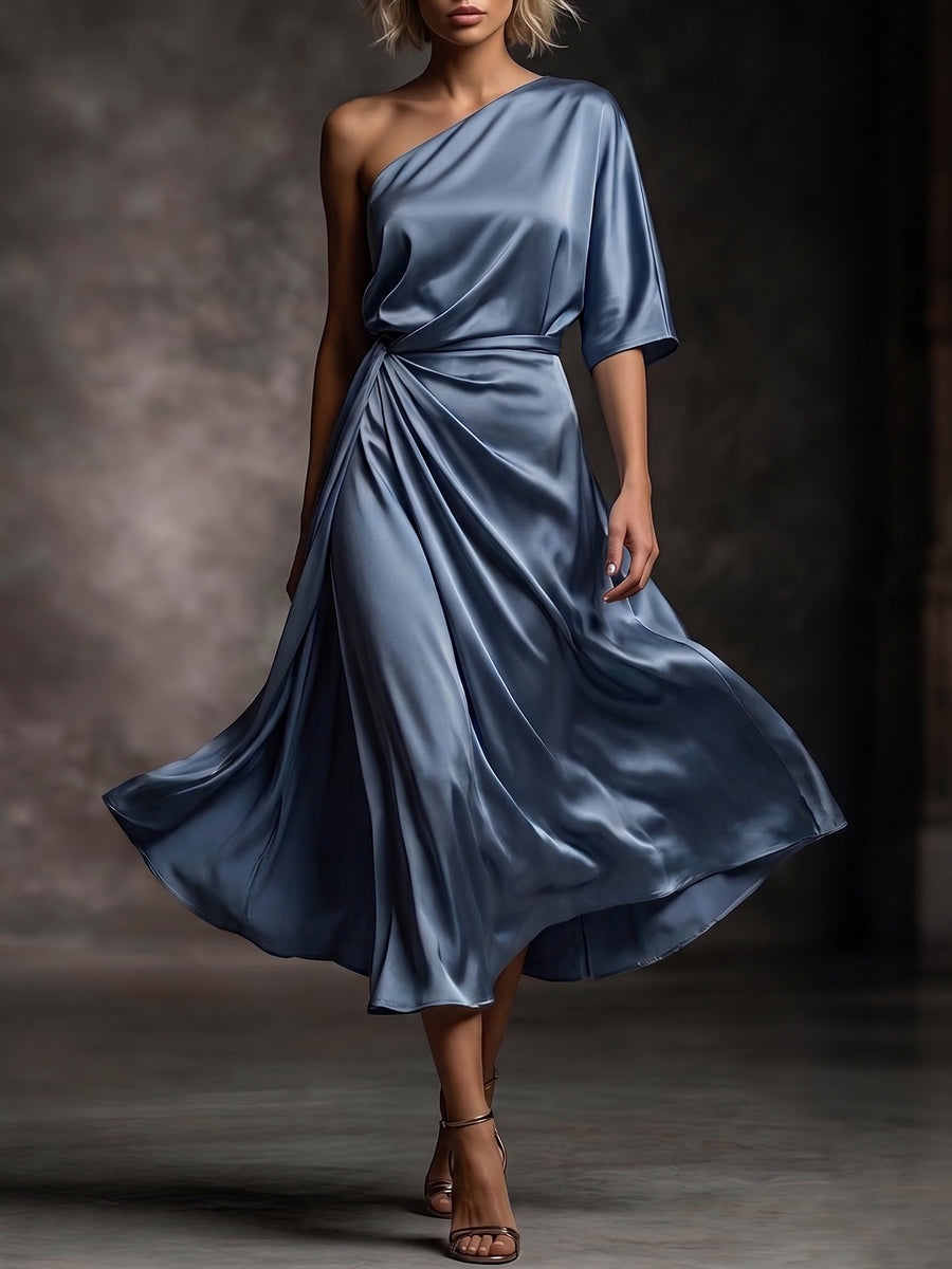 Dusty Blue One-Shoulder Draped Satin Midi Dress