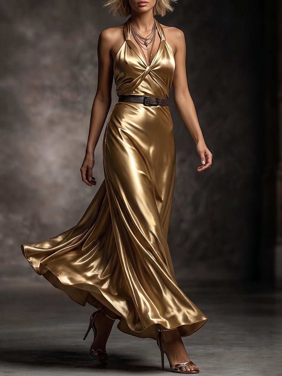 Metallic Gold Halter Twist Belted Maxi Dress