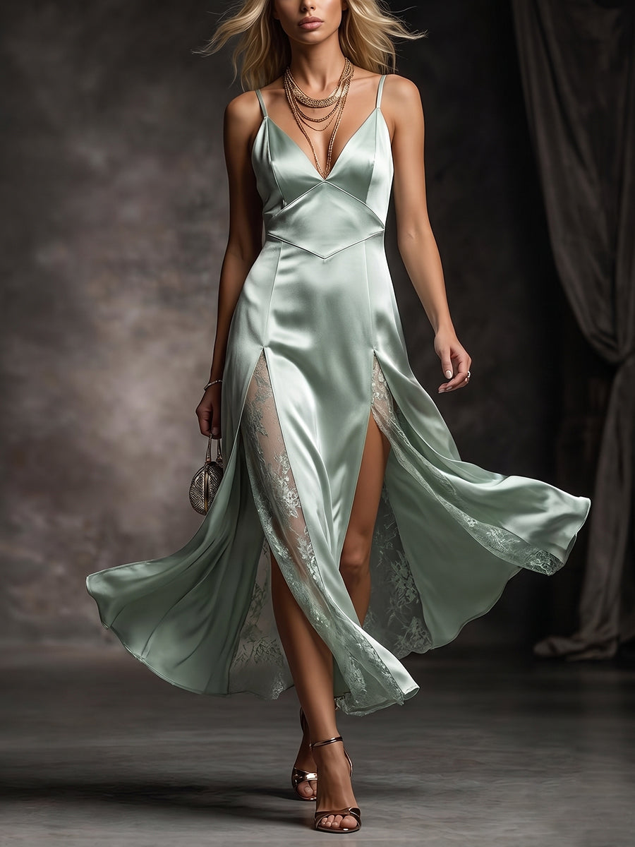 Sage Green Lace Insert Double Slit Satin Gown
