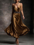 Bronze Gold Deep V Belted Satin Maxi Dress