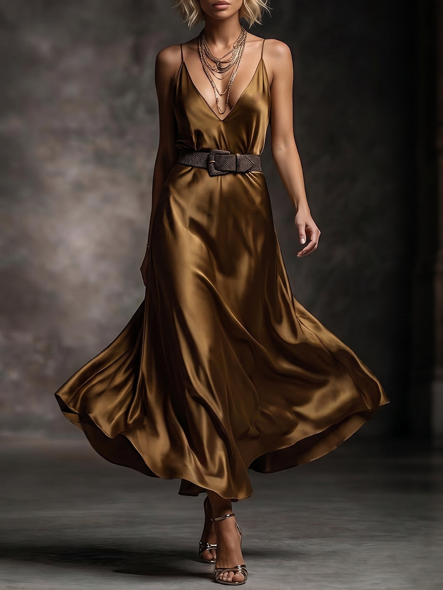 Bronze Gold Deep V Belted Satin Maxi Dress