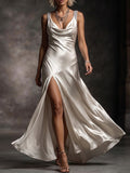 Ivory Cowl Neck Rhinestone Strap High Slit Gown