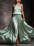 Mint Green Halter Twist Front Slit Gown