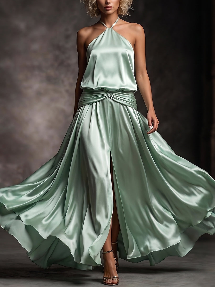 Mint Green Halter Twist Front Slit Gown
