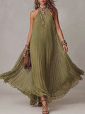 Olive Green Pleated Halter Maxi Dress