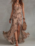 Botanical Print Cowl Neck Ruffle Maxi Dress