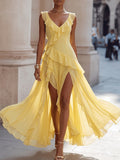 Yellow Ruffle Trim Asymmetrical High-Low Dress