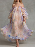 Off-Shoulder Pastel Watercolor Floral Ruffle Dress