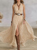 Beige Ditsy Floral Halter Western Maxi Dress