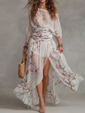 White Cherry Blossom Print Sheer Wrap Maxi Dress