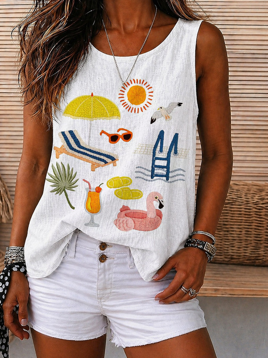 Summer Beach Embroidery Graphic Tank Top