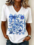 Blue Floral Sea Turtle V-Neck T-Shirt