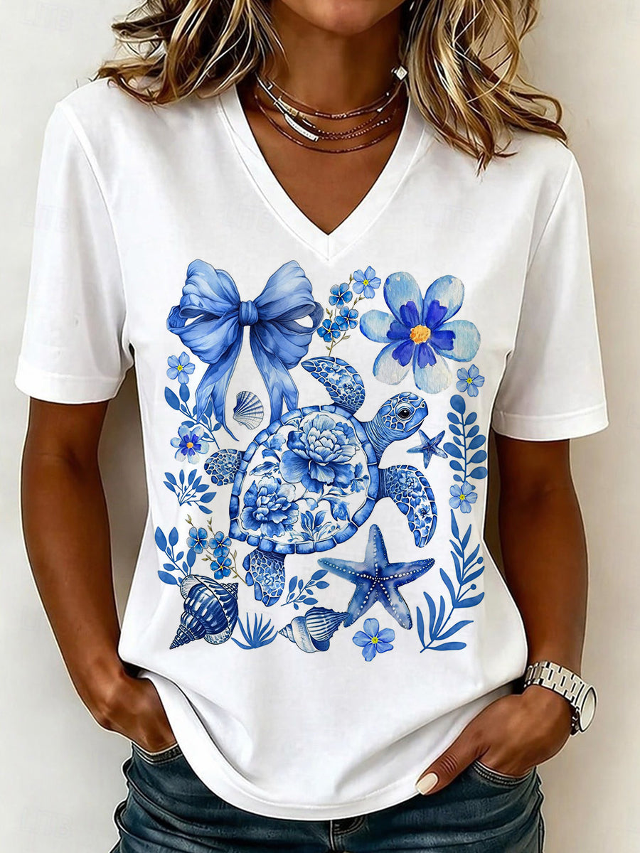 Blue Floral Sea Turtle V-Neck T-Shirt