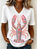 Floral Lobster Graphic V-Neck T-Shirt