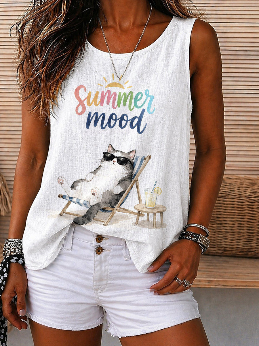 Summer Mood Cat Graphic Tank Top