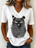 Fingerprint Cat Graphic V-Neck T-Shirt
