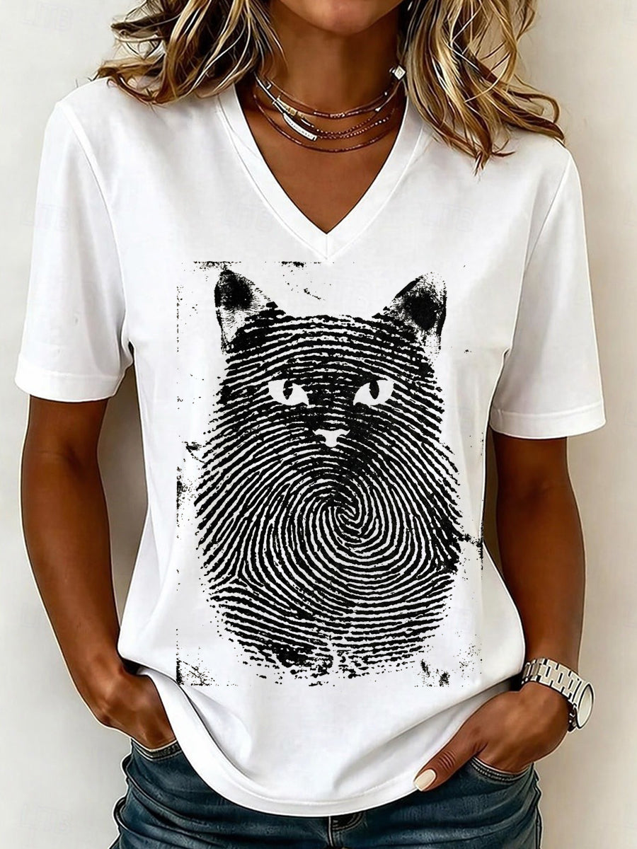 Fingerprint Cat Graphic V-Neck T-Shirt