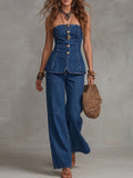 Strapless Denim Peplum Top And Wide-Leg Pants Set