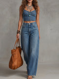 Denim Corset Crop Top And Wide-Leg Jeans Set