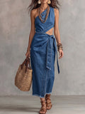 Asymmetric One-Shoulder Tie-Waist Denim Dress