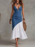 Denim And White Contrast Ruffle Hem Slip Dress