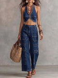 Dark Denim Halter Twist-Front Crop Top And Cargo Pants Set