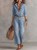 Light Wash Denim Zip-Front Long Sleeve Jumpsuit