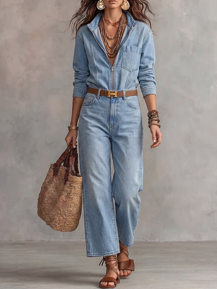 Light Wash Denim Zip-Front Long Sleeve Jumpsuit