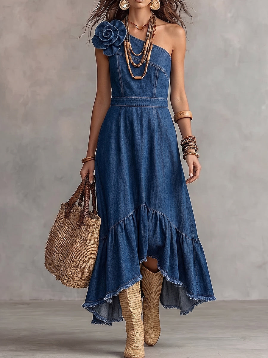 Denim One-Shoulder Floral Applique High-Low Dress
