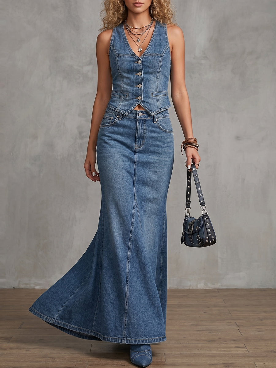 Sleeveless Denim Vest And Maxi Skirt Set