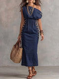 Dark Denim One-Shoulder Side Lace-Up Midi Dress
