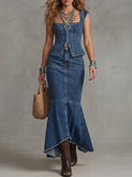 Sleeveless Denim Peplum Vest And Maxi Skirt Set