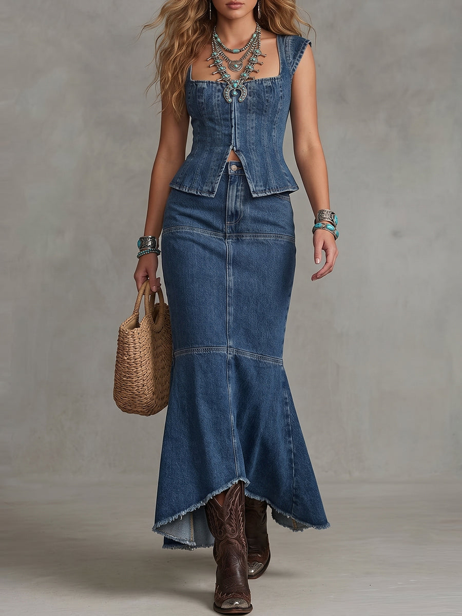 Sleeveless Denim Peplum Vest And Maxi Skirt Set
