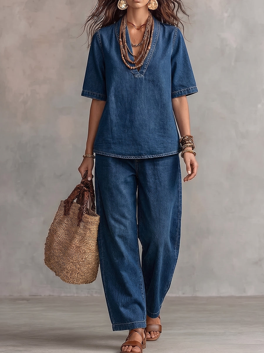 Dark Denim V-Neck Short-Sleeve Top And Pants Set