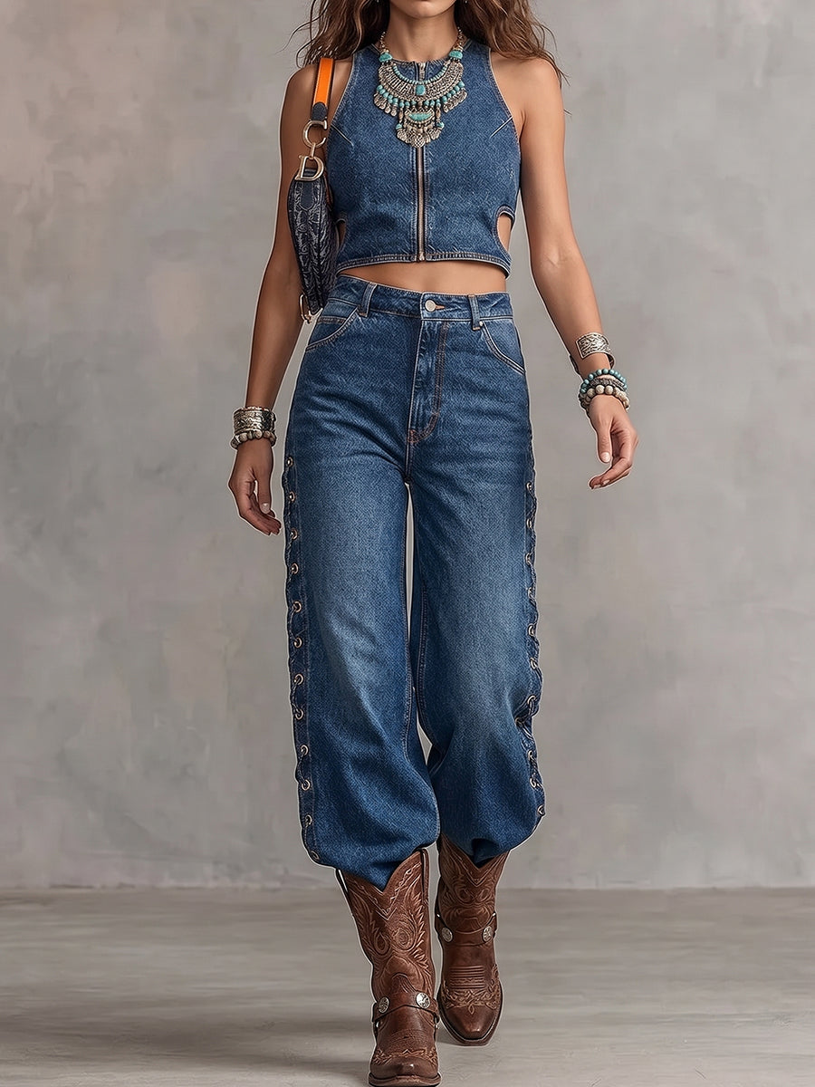 Dark Denim Zip-Front Crop Top And Lace-Up Pants Set
