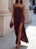 Burgundy Strapless Draped Column Maxi Dress