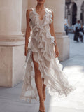 White Ruffle Deep V-Neck High-Low Maxi Dress