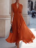 Burnt Orange Tie-Front Halter Maxi Dress