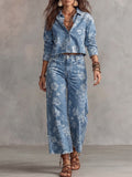 Blue Floral Printed Denim Button-Down Set