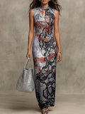 Abstract Marble Print Mandarin Collar Maxi Dress