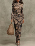 Black And Beige Botanical Print Mock Neck Dress