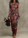 Red Dragon And Figurative Print Long Sleeve Dress