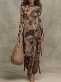 Beige Botanical Print Layered Maxi Dress