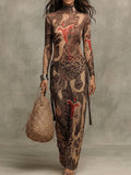 Dragon Print Mock Neck Long Sleeve Maxi Dress