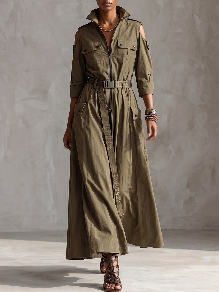 Olive Green Cold-Shoulder Cargo Maxi Dress